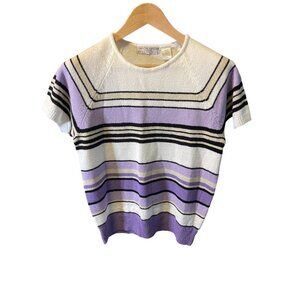 Carolyn Taylor Essentials White Violet Striped Short Sleeve Crew Neck Top SZ M